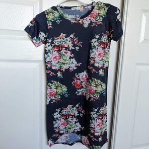 BLUE FLORAL T-SHIRT DRESS - Asymmetrical Hem - Women's XS